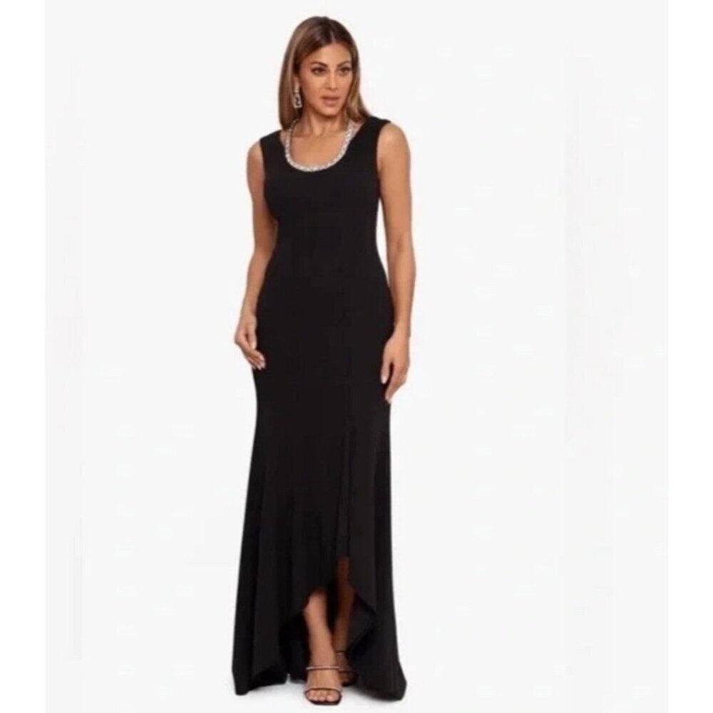 New Xscape Size 10 Black Rhinestone Embellished Cocktail Formal Gown Dress Maxi